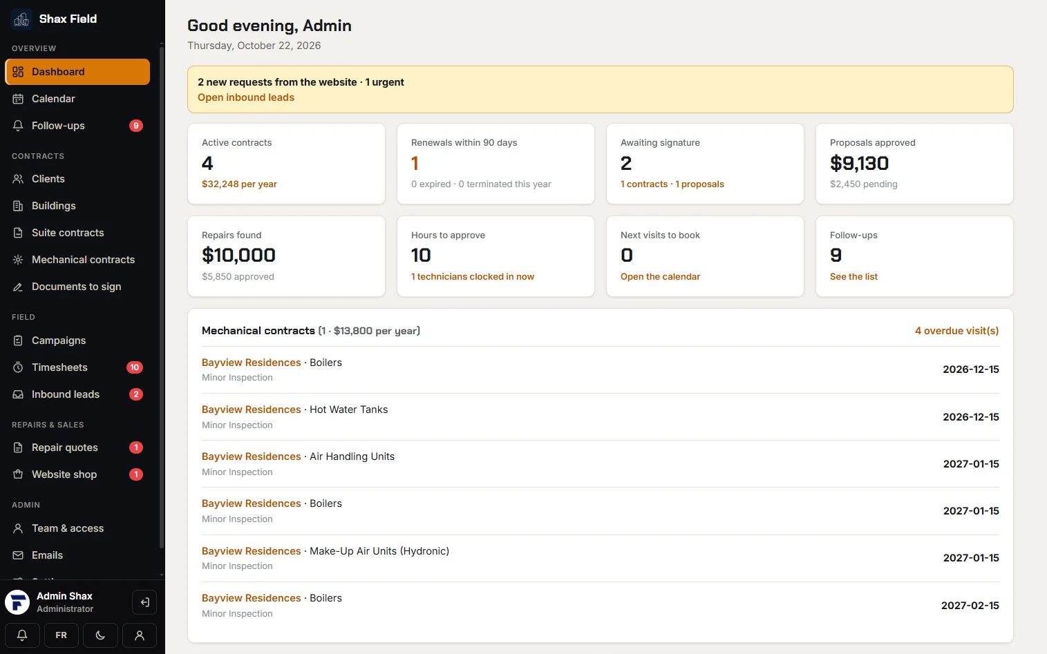 Shax Field dashboard: active contracts, renewals, repairs found, hours to approve and upcoming mechanical visits